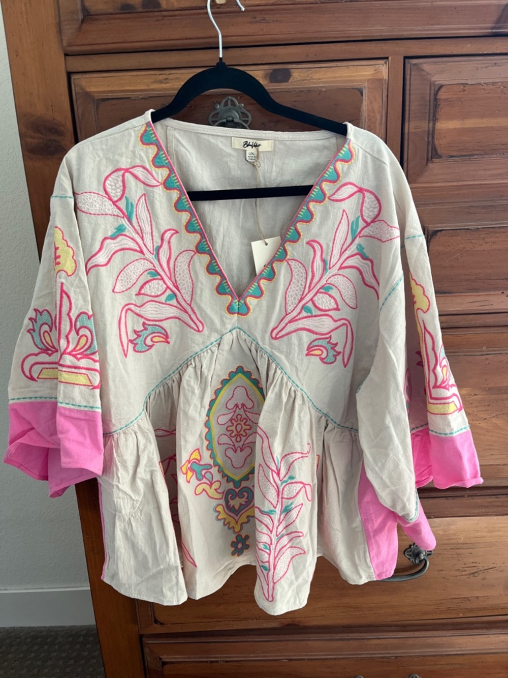 Blue Velvet Boho Cream Tunic with Pink & Multicolor Embroidery NWT